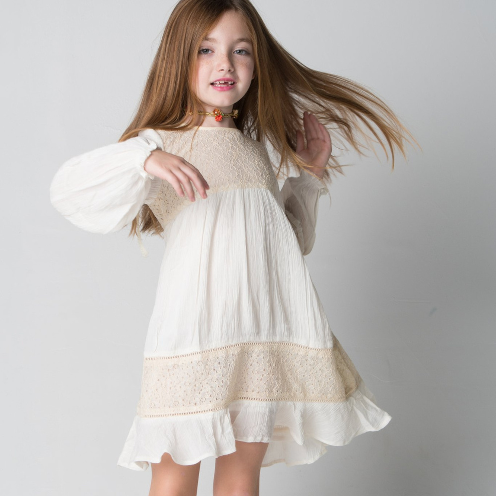 NEW Boho Kids Long Sleeve Ivory Lace Detail Dress